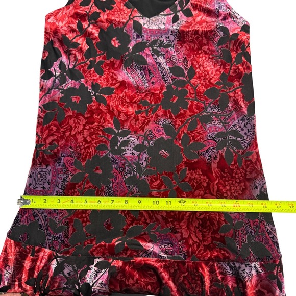 Vtg Y2k Red Black Floral Velvet Burnout Tiered V Neck Midi Dress Sz L Whimsygoth - Picture 11 of 12